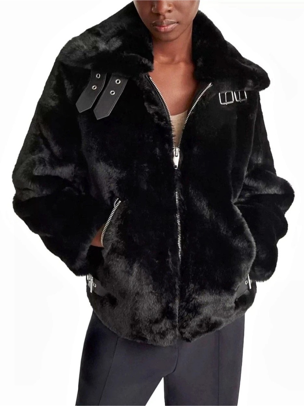 The Kooples Faux-Fur Aviator Jacket Black